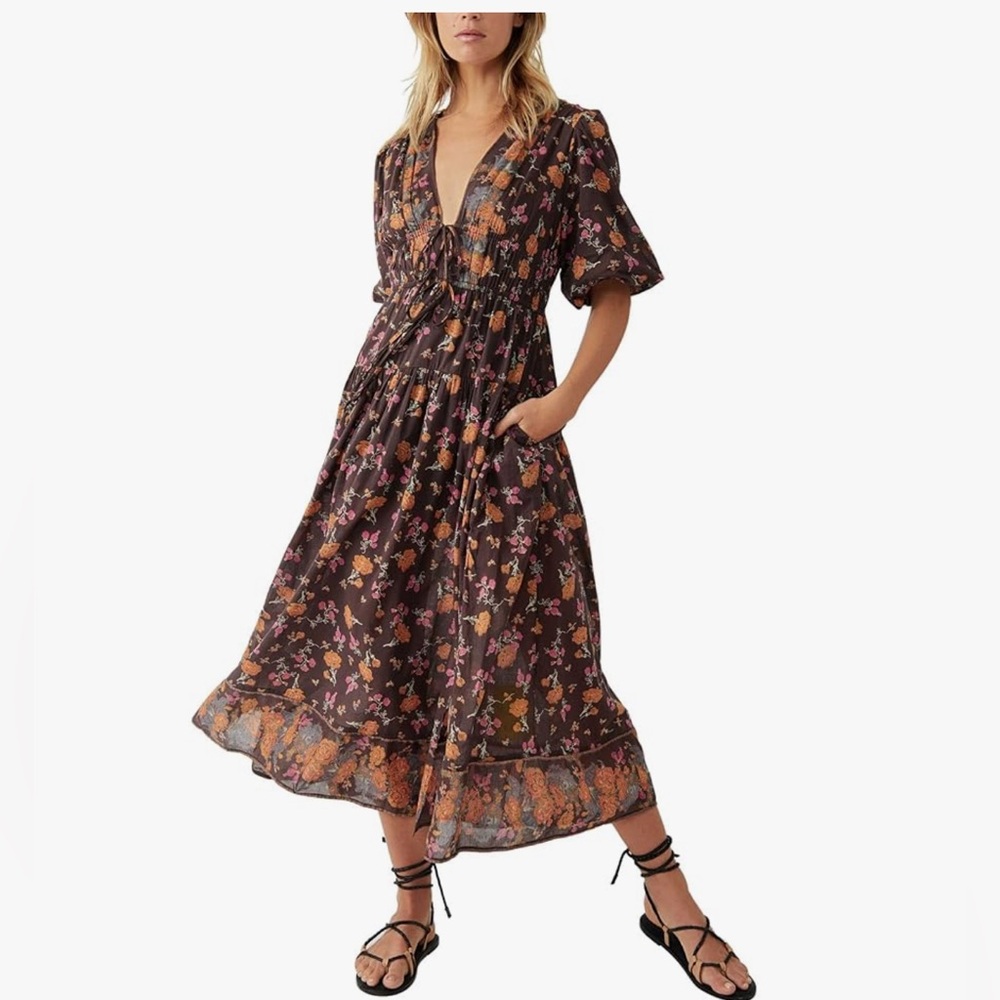 Free People Brown Floral Midi Dress with Pink and Orange Accents